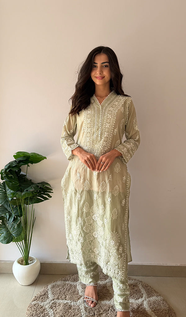 Ziva Women's Lucknowi Handcrafted Mul Chanderi Stitched Chikankari Kurta And Plazzo Set- HONC0378820
