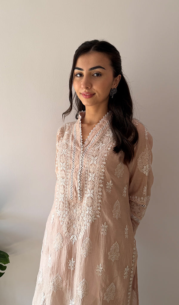 Women's Lucknowi Handcrafted Mul Chanderi Stitched Chikankari Kurta And Plazzo Set- HONC03788220