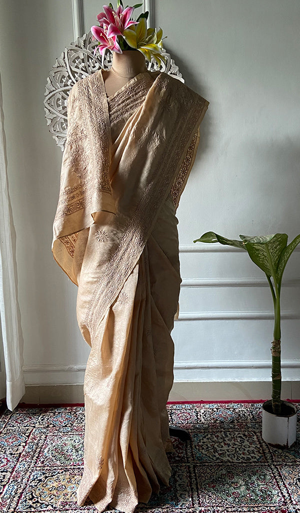 Women's Lakhnavi Handcrafted Tussar Silk Chikankari Saree - HONC0331050