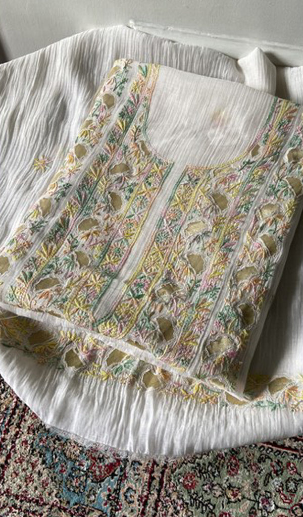 White Pure Mul Chanderi Chikankari 2 Pc Unstitched Suit Set — Gold Multicoloured Work