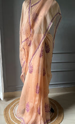 Load image into Gallery viewer, Women&#39;s Lucknowi Handcrafted Pure Organza Silk Chikankari Saree - HONC0294409
