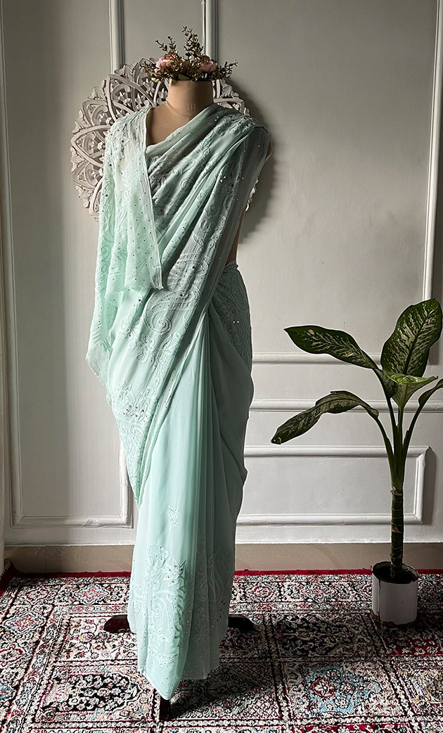Women's Lakhnavi Handcrafted Viscose Georgette Chikankari Saree - HONC0317904