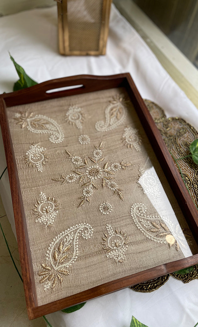 Chikankari Wooden Serving Tray - HONC0308893