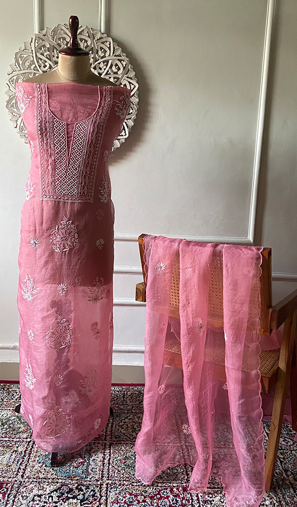 Women's Lakhnavi Handcrafted Pure Organza Chikankari Unstitched Kurta And Dupatta Set- HONC0335079