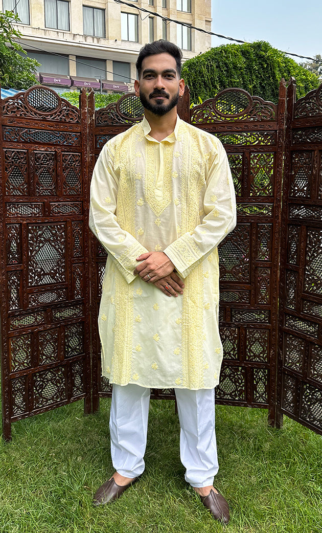 Men's Lucknowi Handcrafted Cotton Chikankari Kurta - HONC0315400