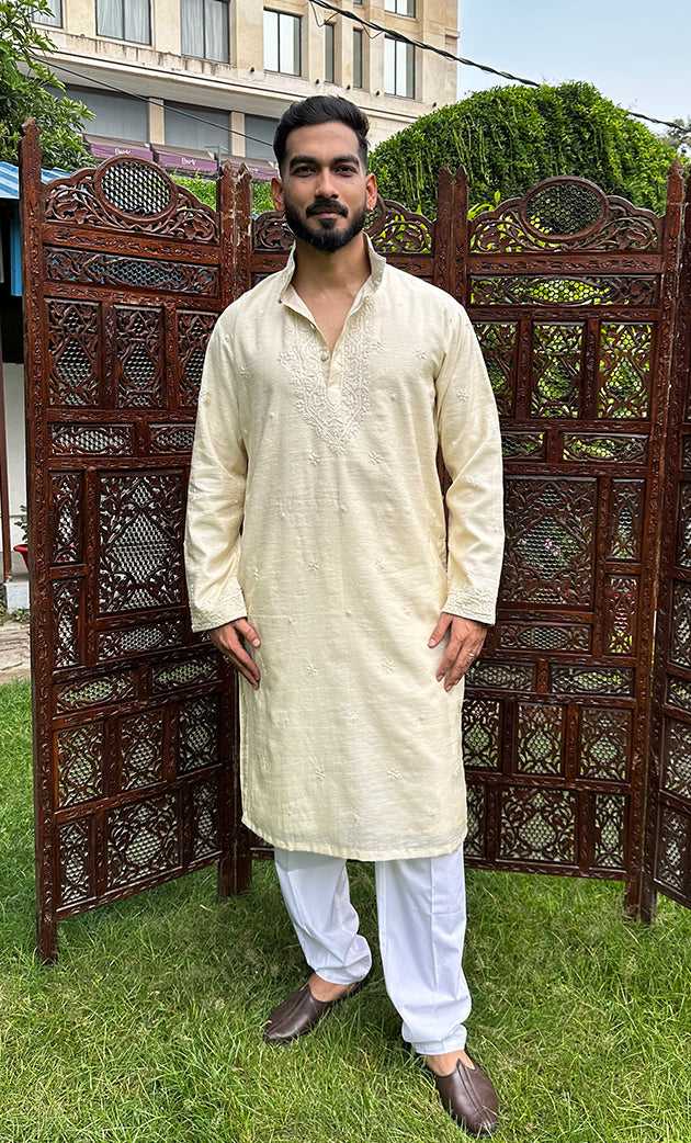 Men's Lucknowi Handcrafted Cotton Chikankari Kurta - HONC0256210