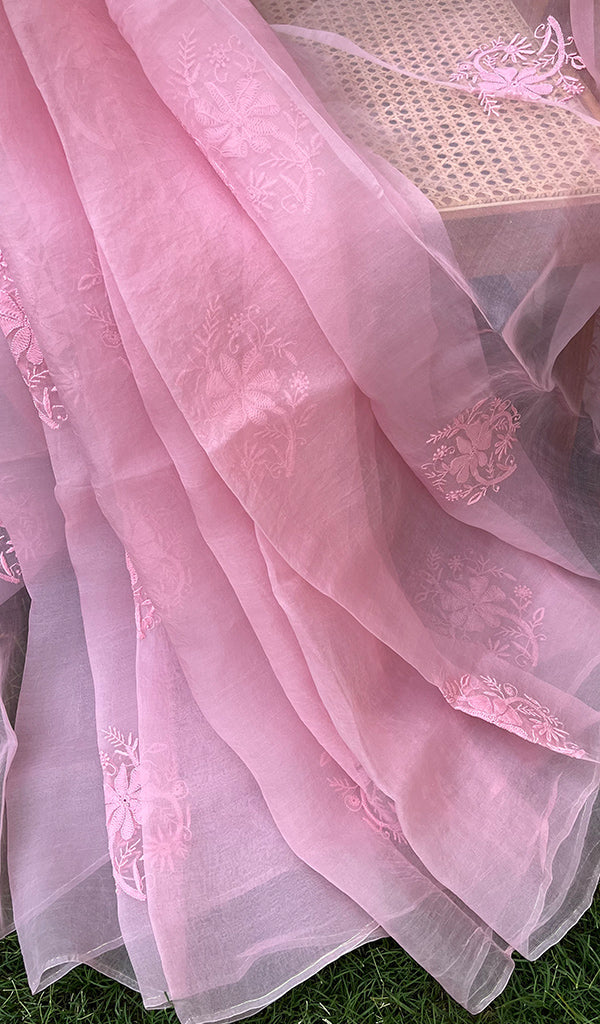 Women's Lucknowi Handcrafted Pure Organza Silk Chikankari SAREE - HONC0267030