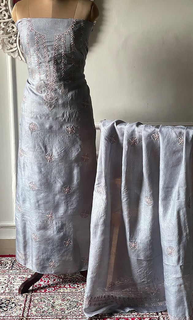Women's Lakhnavi Handcrafted Tussar Silk Chikankari Kurta And Dupatta Set - HONC0307393