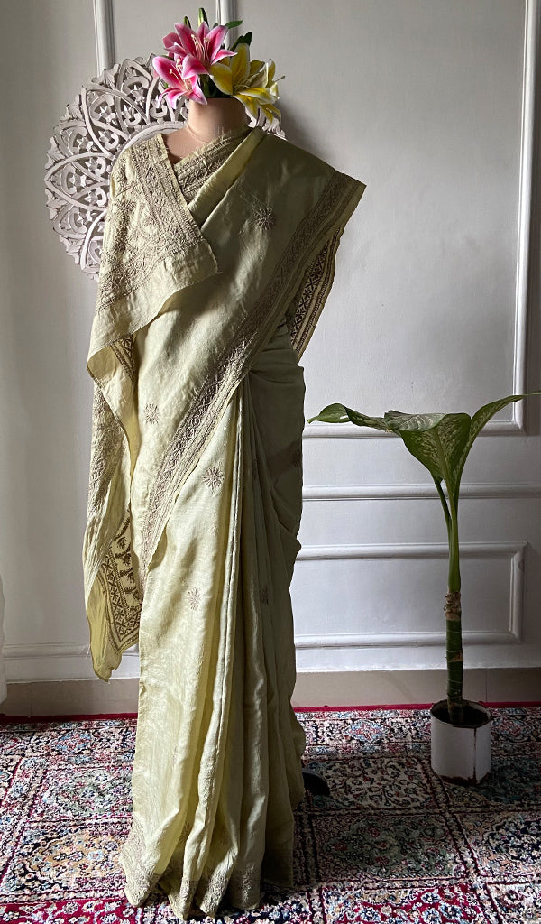 Women's Lakhnavi Handcrafted Tussar Silk Chikankari Saree - HONC0342572