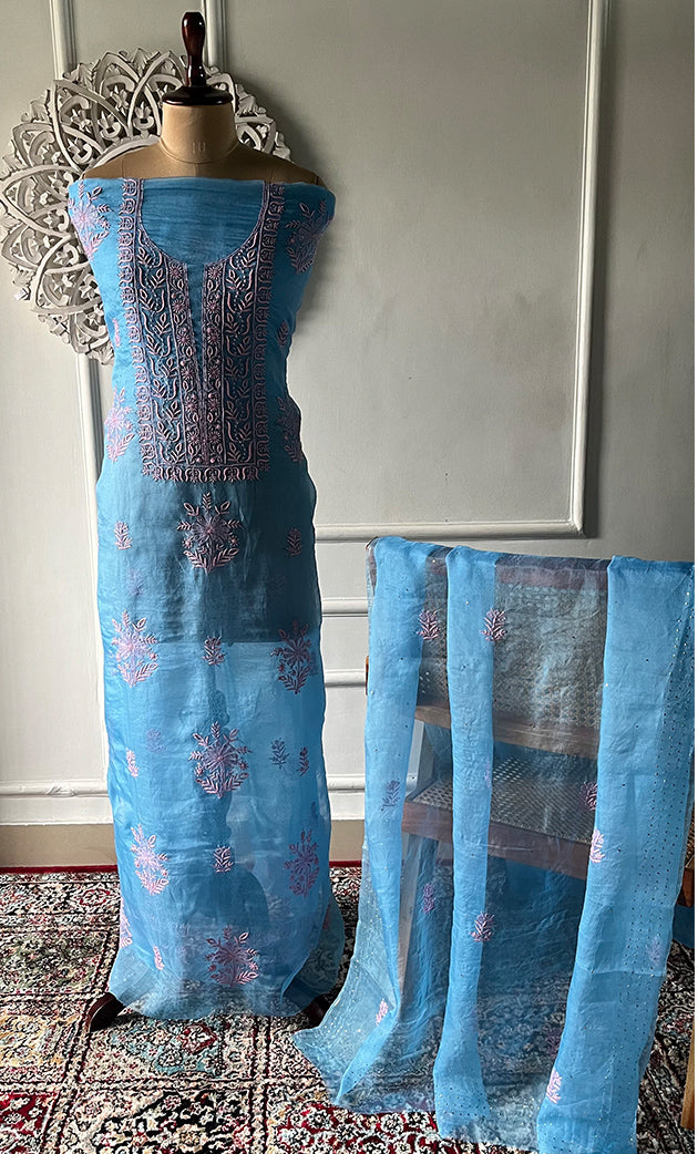 Women's Lakhnavi Handcrafted Pure Organza Chikankari Unstitched Kurta And Dupatta Set -  HONC0269932