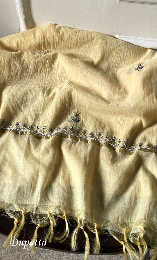 Women's Lakhnavi Handcrafted Mul Chanderi Unstitched Chikankari Full Suit Material - HONC0323589