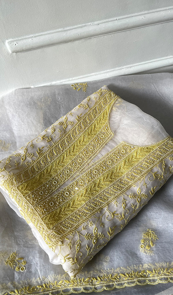 Women's Lakhnavi Handcrafted Pure Organza Chikankari Unstitched Kurta And Dupatta Set- HONC0316459