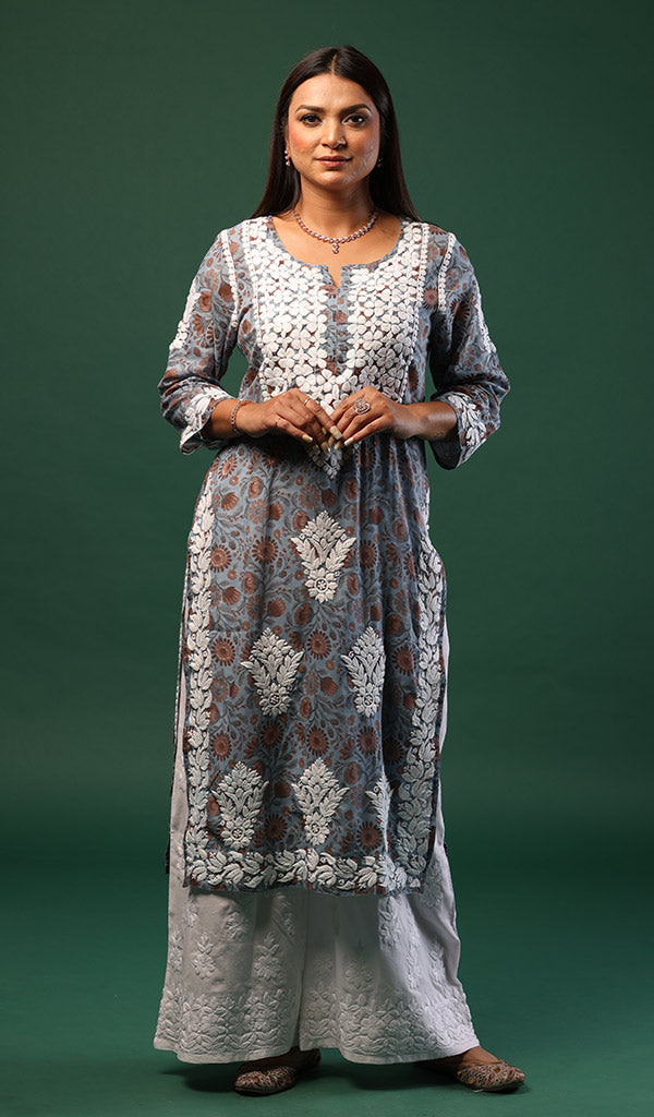 Blue Fara Mulmul Cotton Chikankari Kurti Palazzo Set Lucknow Chikankari  Dress | eBay