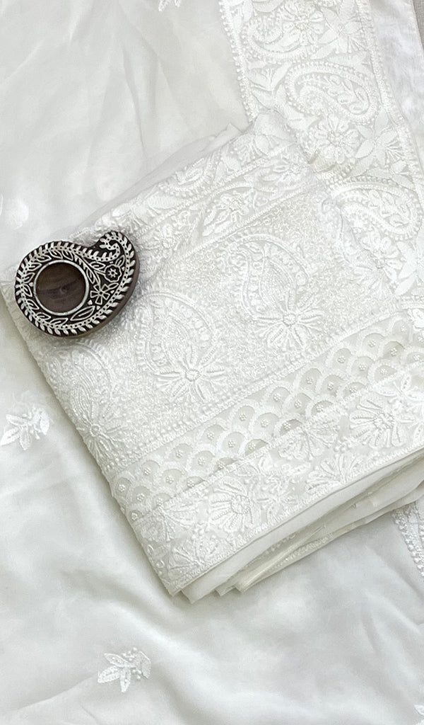 Women's Lakhnavi Handcrafted Pure Silk Georgette Chikankari Full Suit Fabric - HONC0177889