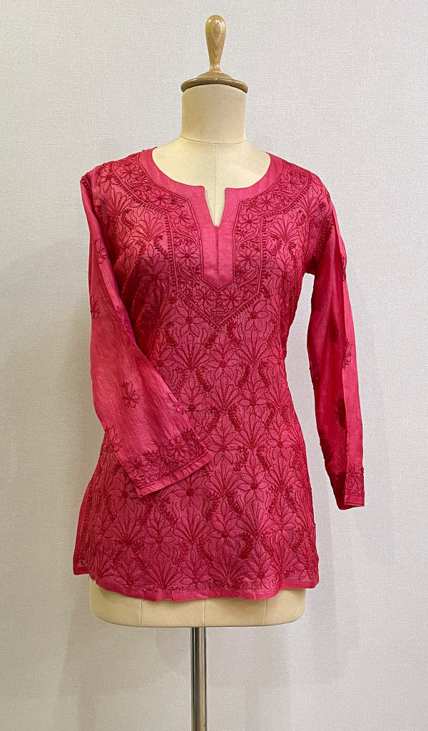 Women's Lakhnavi Handcrafted Silk Chikankari Top - HONC0176258