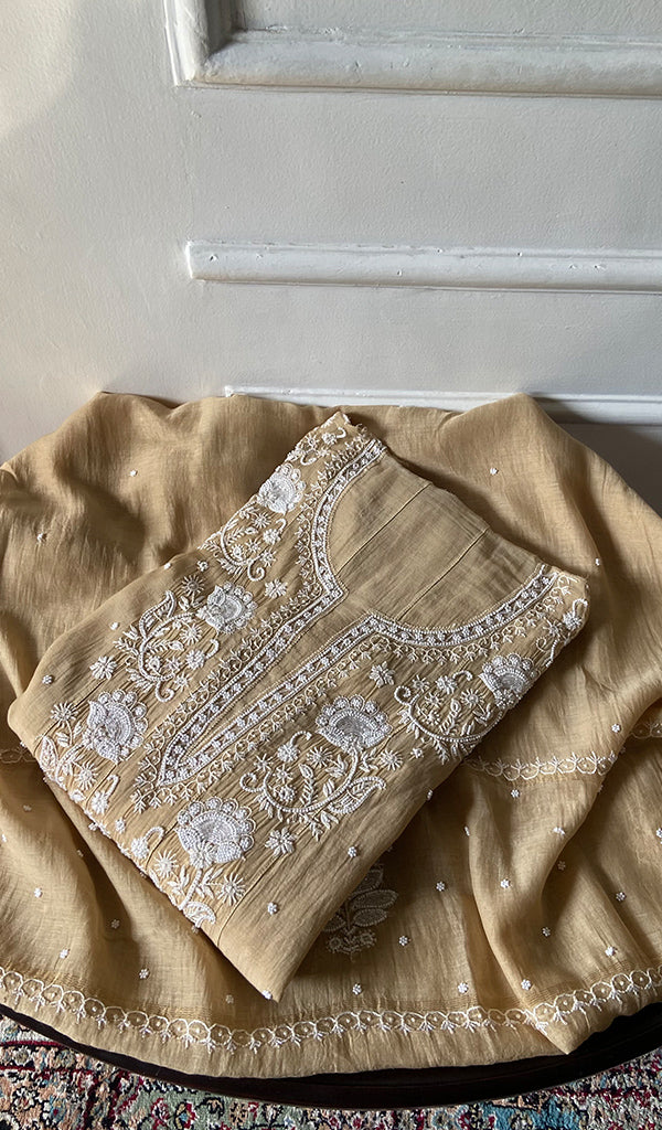 Basma Women's Lucknowi Handcrafted Mul Chanderi Semi - stitched Chikankari Anarkali Full Set - HONC0355632