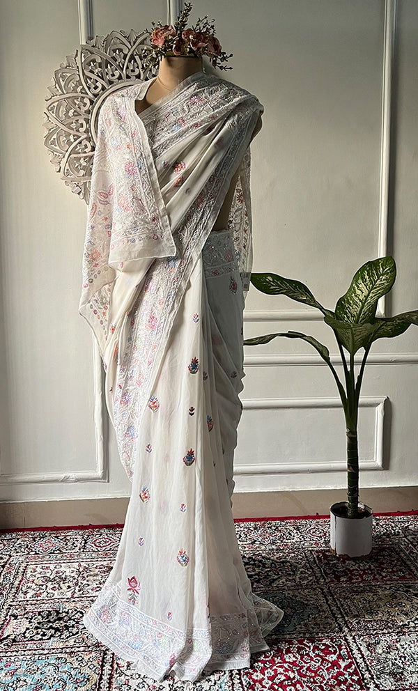 Women's Lakhnavi Handcrafted Pure Silk Georgette Chikankari Saree - HONC0313292