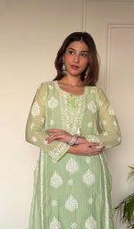 Ira Women's Lucknowi Handcrafted Mul Chanderi Stitched Chikankari Kurta And Plazzo Set .