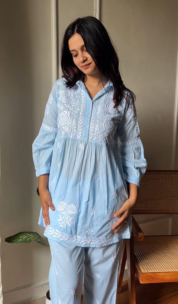Women's Lakhnavi Handcrafted Cotton Chikankari Short Kurta And Palazzo Set - HONC0290441