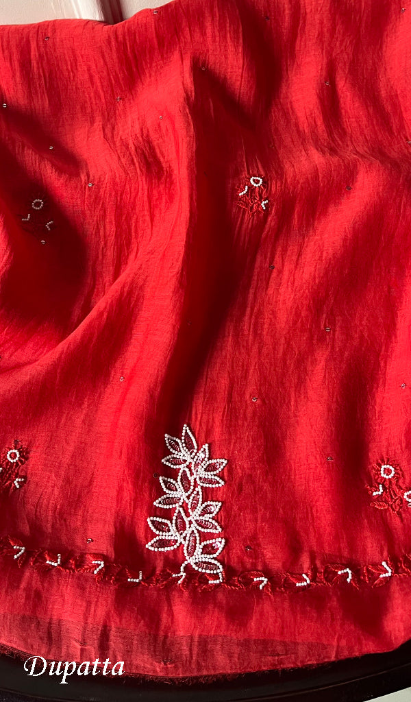 Saziya Women's Lakhnavi Handcrafted Mul Chanderi Semi - Stitched Kurta And Dupatta Set - HONC0270728