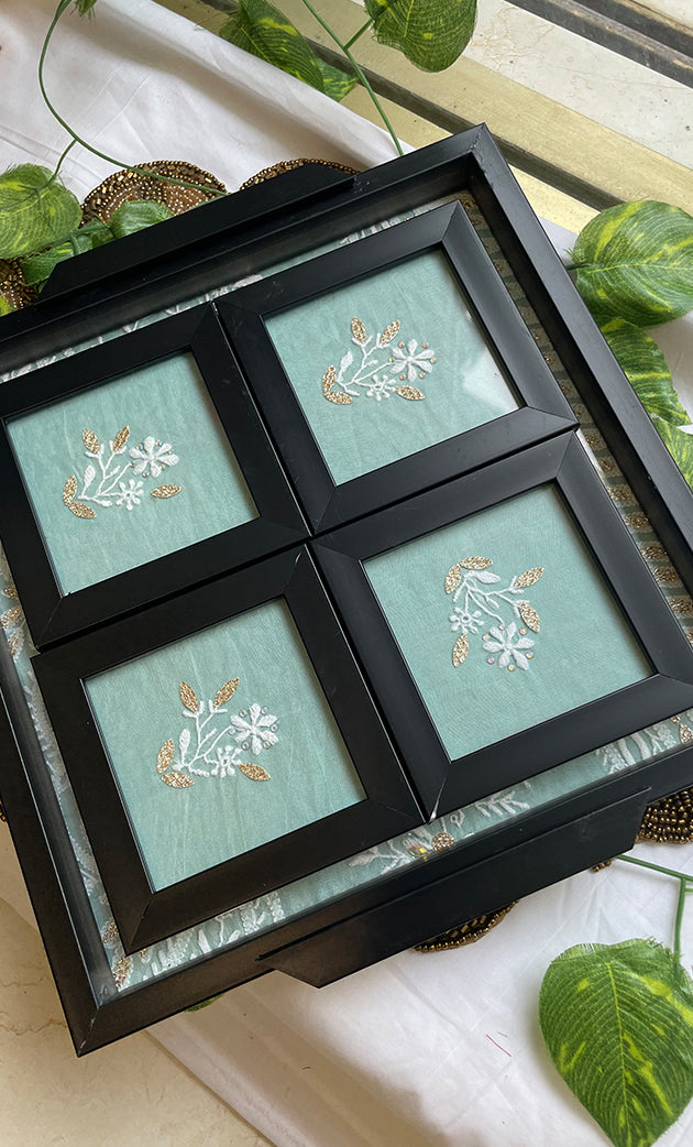 Handcrafted Chikankari Embroidered Wooden Coaster Set – (Set of 4) - HONC0313520