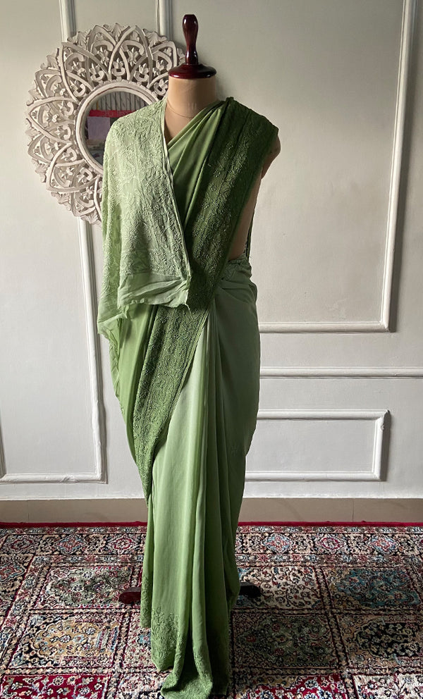 Women's Lakhnavi Handcrafted Viscose Georgette Chikankari Saree - HONC0318166
