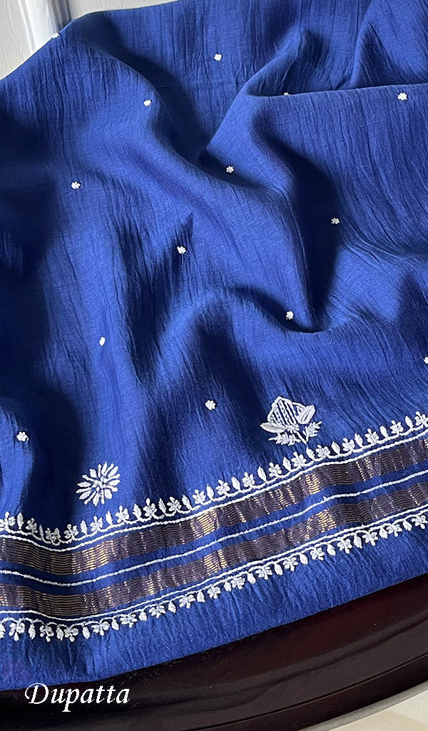 Women's Lakhnavi Handcrafted Mul Chanderi Semi - Stitched Kurta And Dupatta Set - HONC0SOLD