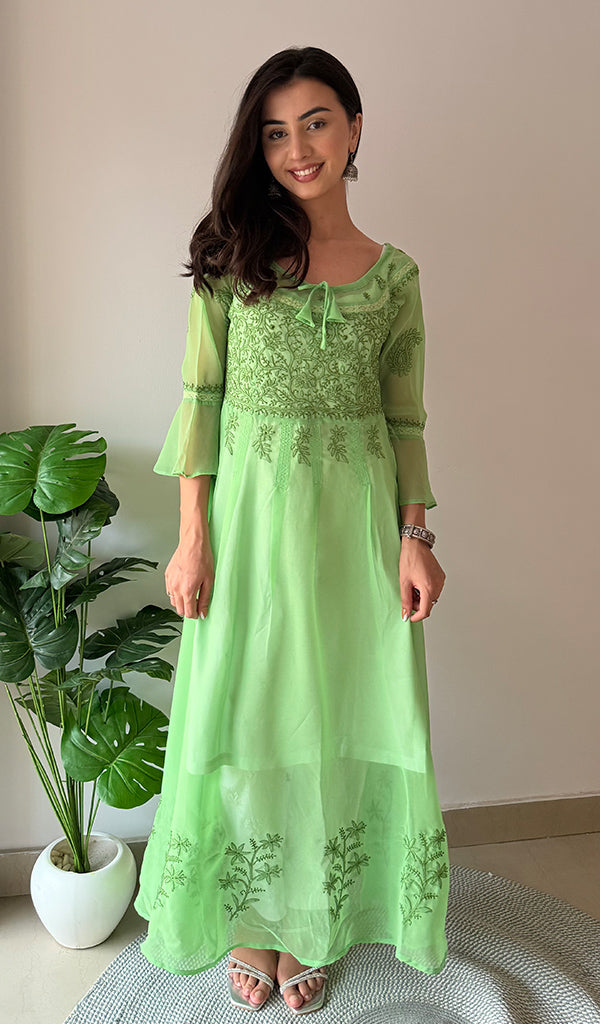 Aadab Women's Lakhnavi Handcrafted Faux-Georgette Chikankari Anarkali Dress - HONC0389400