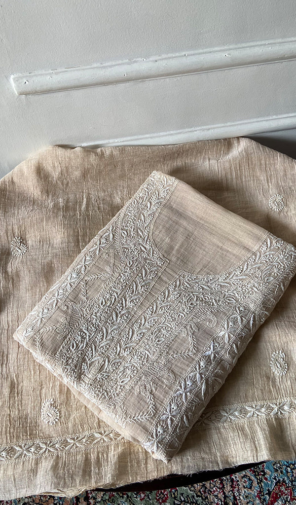 Women's Lakhnavi Handcrafted Tissue Chanderi Chikankari Unstitched Kurta Dupatta Set - HONC0352500