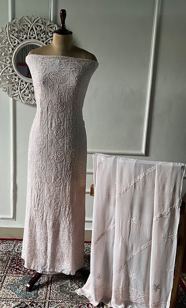 Women's Lucknowi Handcrafted Viscose Georgette Unstitched Chikankari Suit Material - HONC0325150
