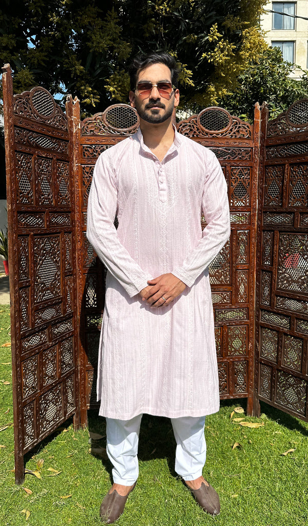 Men's Lucknowi Handcrafted Cotton Chikankari Kurta - HONC0335276