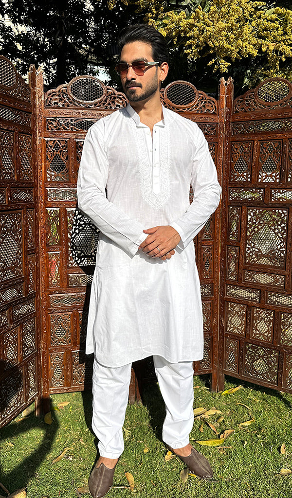 Men's Lucknowi Handcrafted Cotton Chikankari Kurta - HONC0337903