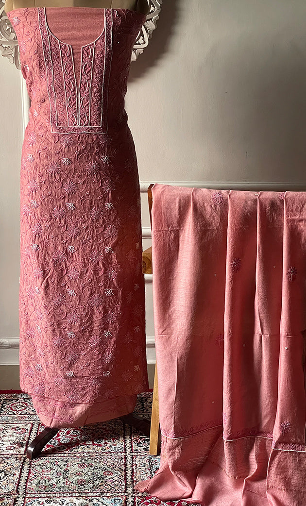 Women's Lakhnavi Handcrafted Unstitched Munga Silk Chikankari Kurta And Dupatta Set- HONC0280939