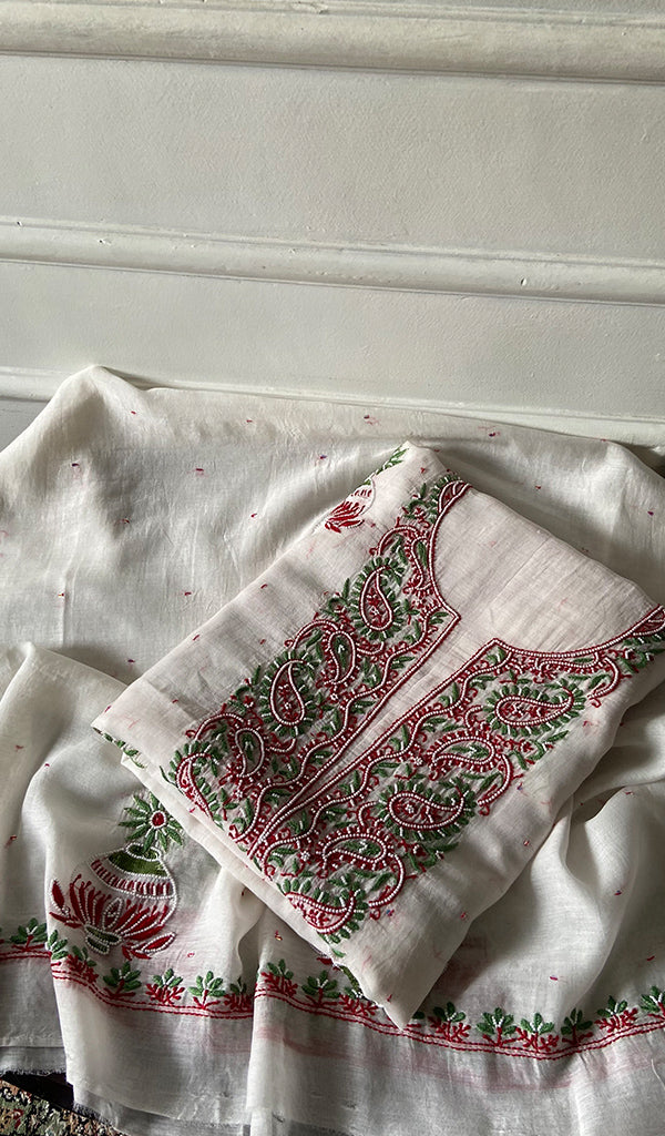 Madiha  Women's Lakhnavi Handcrafted Mul Chanderi Unstitched Kurta And Dupatta Set - HONC0368718
