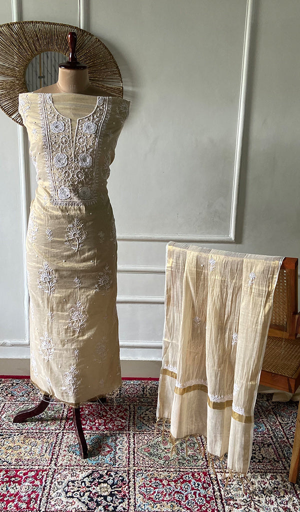Women's Lakhnavi Handcrafted Tissue Chanderi Unstitched Chikankari Kurta And Dupatta Set - HONC0347896