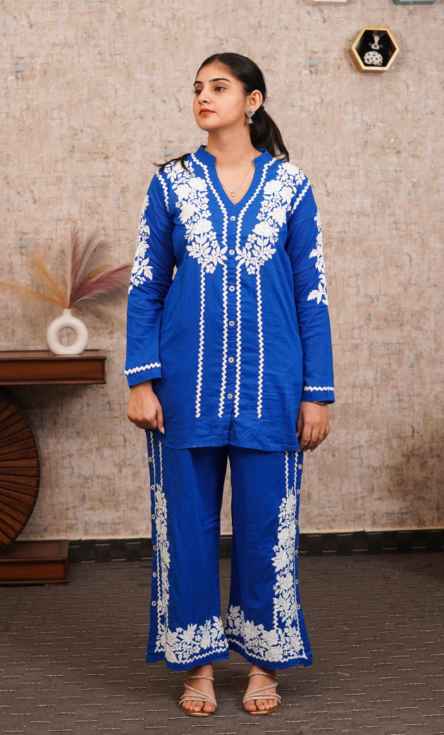 khayal Women's Lakhnavi Handcrafted Cotton Chikankari Kurti And Plazzo Set - HONC0323934