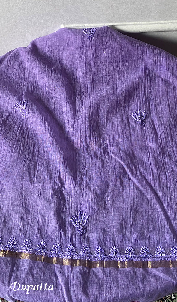 Women's Lakhnavi Handcrafted Mul Chanderi Unstitched Chikankari Full Suit Material - HONC0328105