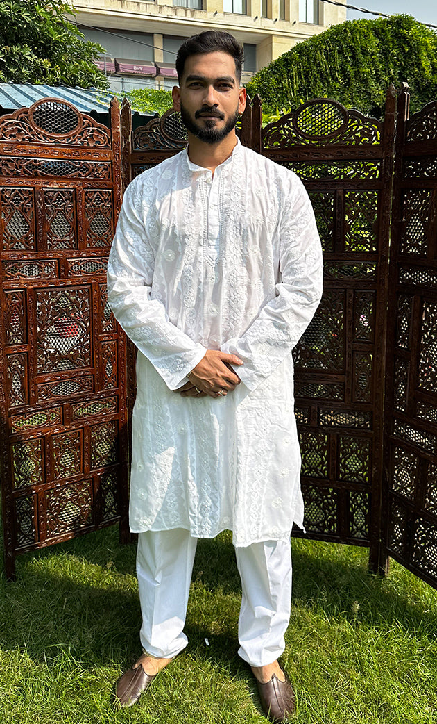 Men's Lucknowi Handcrafted Cotton Chikankari Kurta - HONC0295792