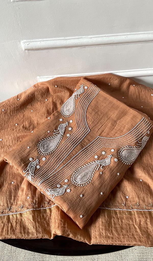 Women's Lakhnavi Handcrafted Mul Chanderi Unstitched Kurta And Dupatta Set- HONC0323418