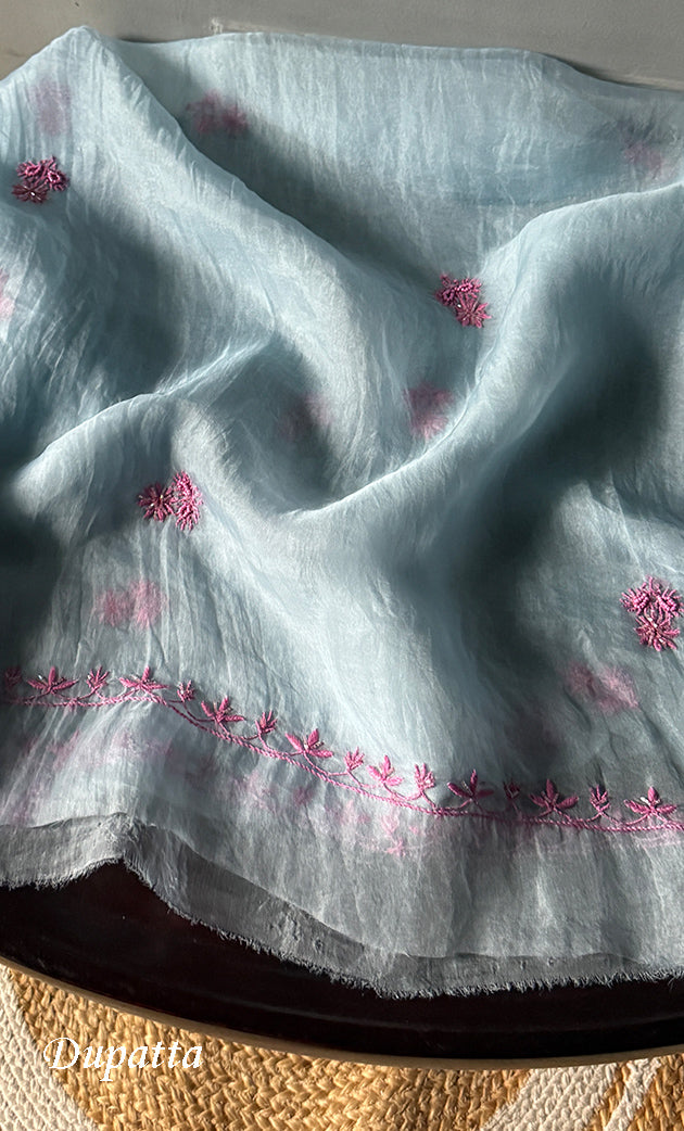 Women's Lakhnavi Handcrafted Pure Organza Chikankari Unstitched Kurta And Dupatta Set- HONC0274530