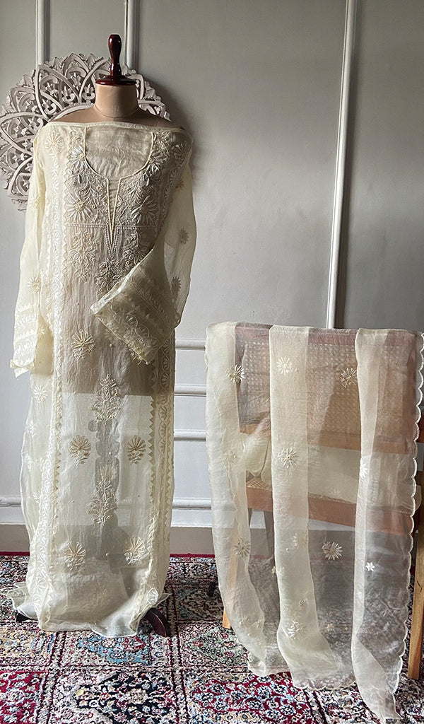 Women's Lakhnavi Handcrafted Pure Organza Chikankari Semi - stitched Kurta And Dupatta Set- HONC0310094