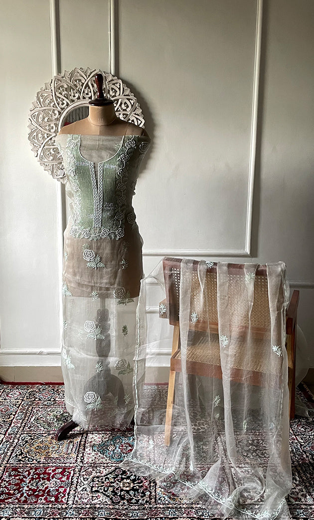 Women's Lakhnavi Handcrafted Pure Organza Chikankari Unstitched Kurta And Dupatta Set- HONC0311242