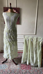 将图像加载到图库查看器中， Women's Lucknowi Handcrafted Kota Cotton Chikankari Unstitched Angrakha And Dupatta Set - HONC0340098