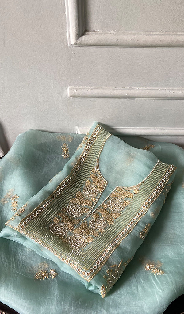 Mayuri Women's Lakhnavi Handcrafted Pure Organza Silk Chikankari Unstitched Full Suit Material - HONC0351132