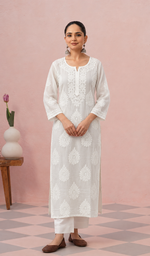 Pakeezah Women's Lucknowi Handcrafted Cotton Chikankari Kurti - HONC0229702