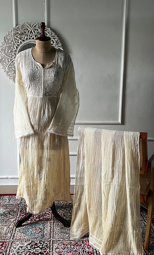 Izana Women's Lakhnavi Handcrafted Mul Chanderi Semi - stitched Chikankari Full Suit Material - HONC0333506