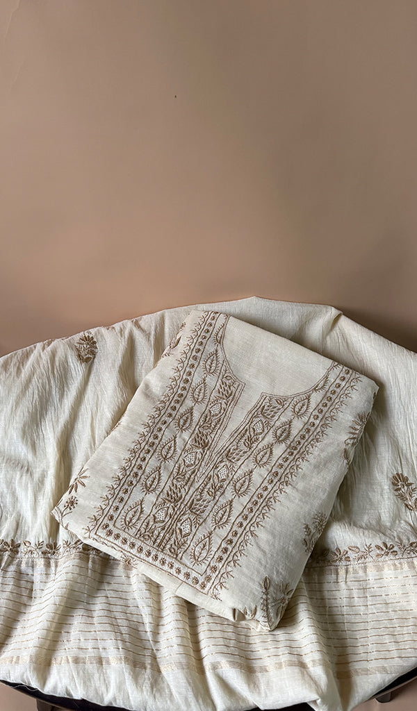 Women's Lakhnavi Handcrafted Mul Chanderi Unstitched Chikankari Full Suit
