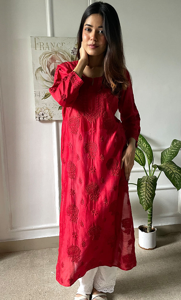 Sufi Women's Lucknowi Handcrafted Chanderi Silk Chikankari Kurti - HONC041952