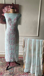 Turquoise Mul Chanderi Chikankari 2 Pc Unstitched Suit Set
