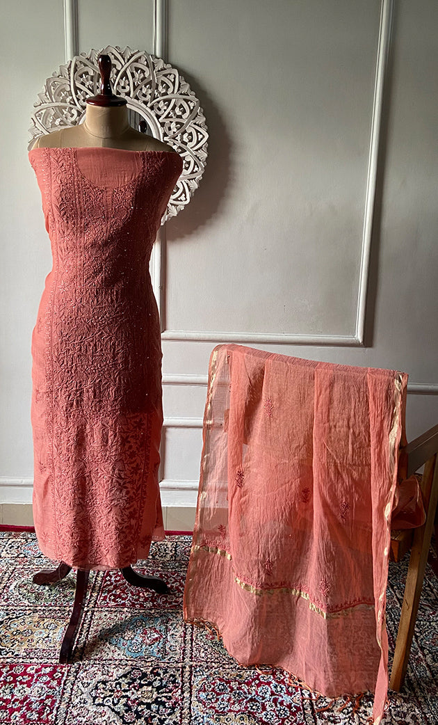 Women's Lakhnavi Handcrafted Mul Chanderi Unstitched Chikankari Full Suit Material - HONC0324499